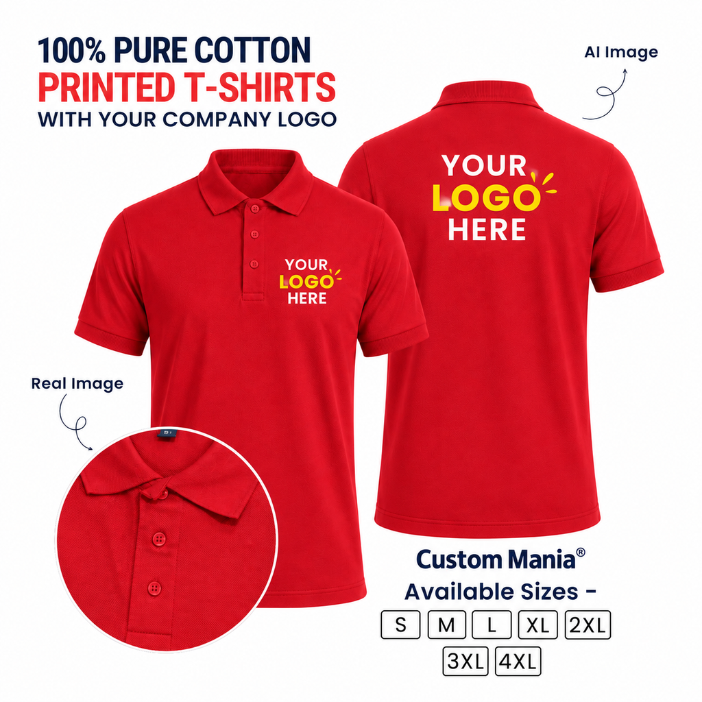 Customized 100% Pure Cotton Polo T-Shirt With Your Company Logo | Order Logo Printed Tees