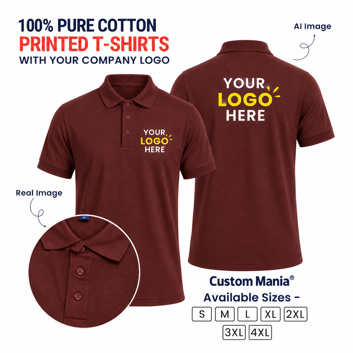 Customized 100% Pure Cotton Polo T-Shirt With Your Company Logo | Order Logo Printed Tees