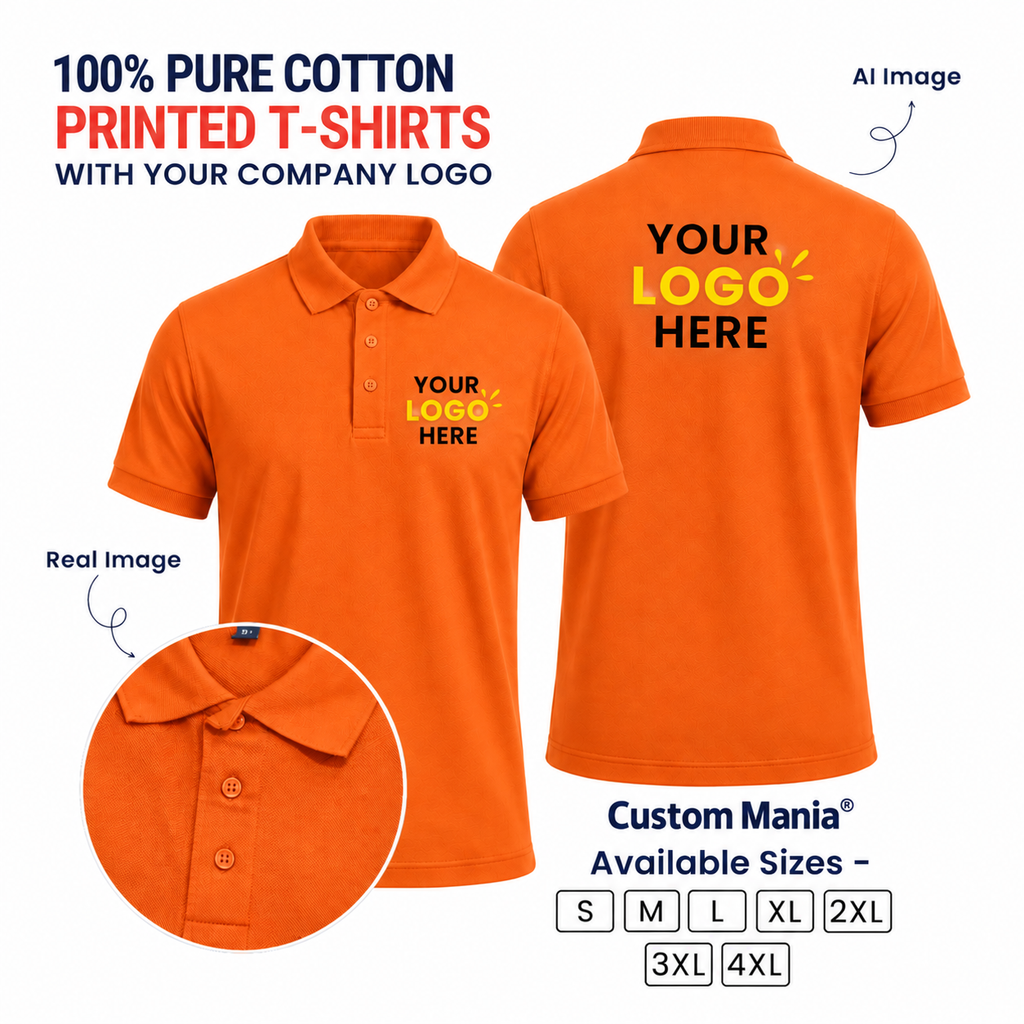 Customized 100% Pure Cotton Polo T-Shirt With Your Company Logo | Order Logo Printed Tees