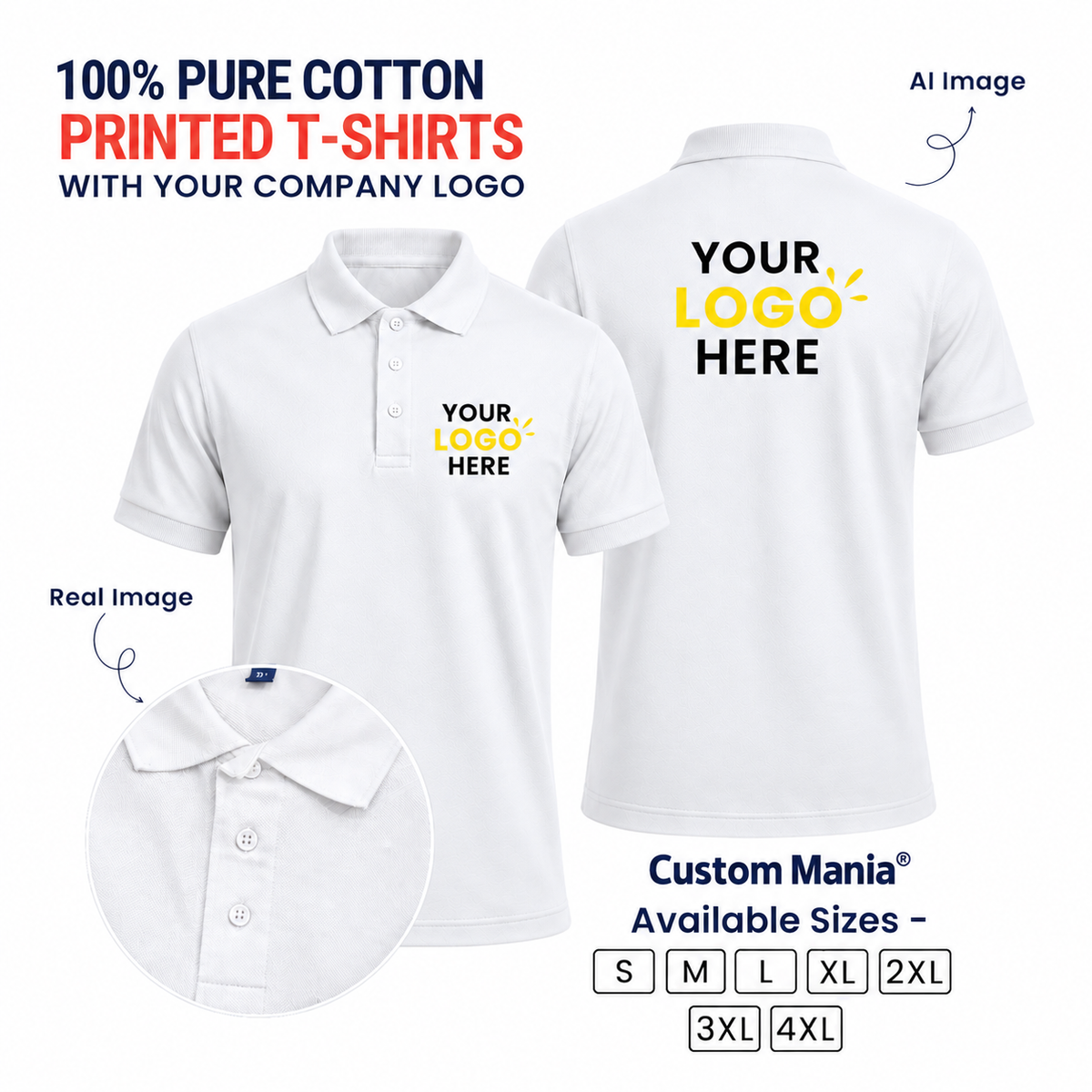 Customized 100% Pure Cotton Polo T-Shirt With Your Company Logo | Order Logo Printed Tees