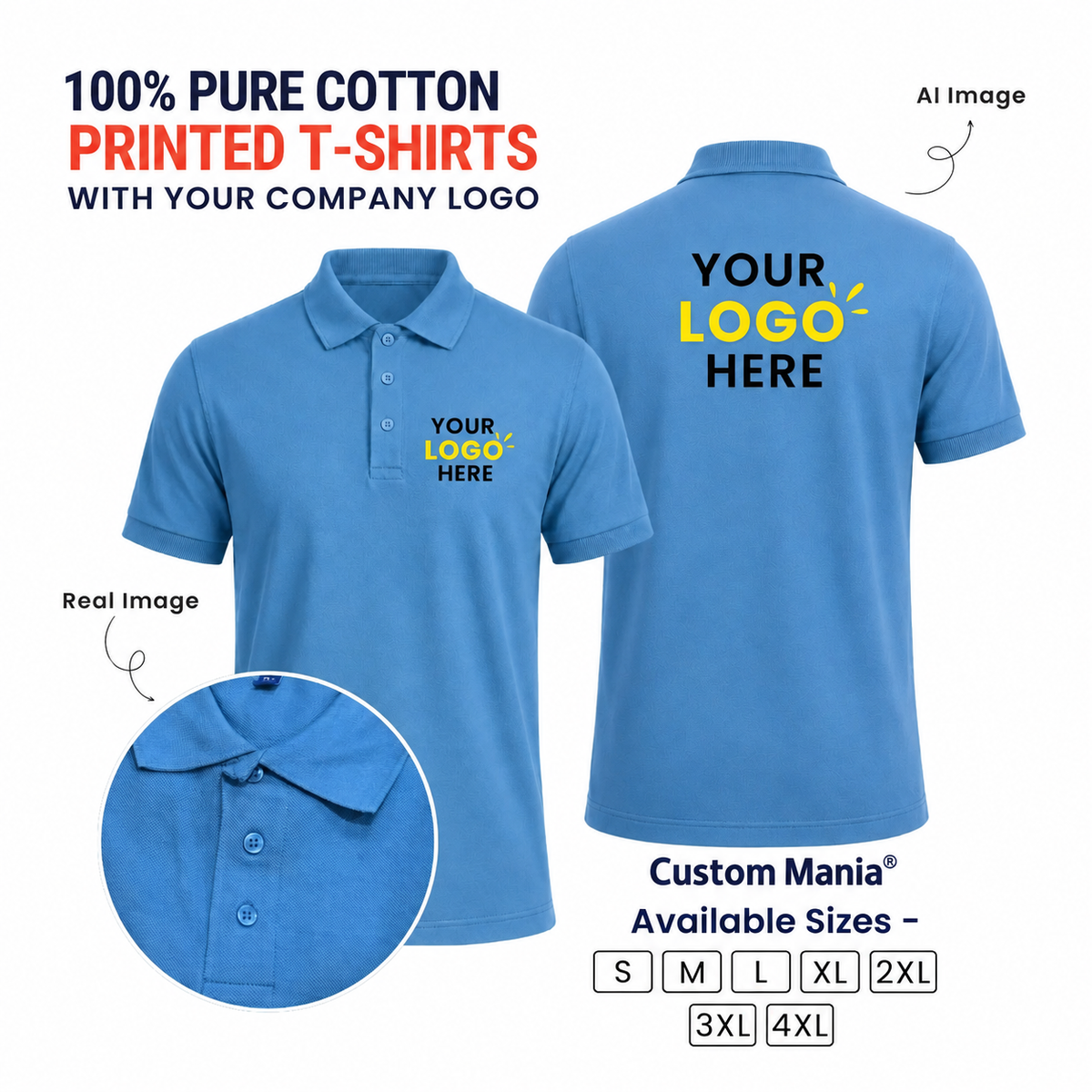Customized 100% Pure Cotton Polo T-Shirt With Your Company Logo | Order Logo Printed Tees